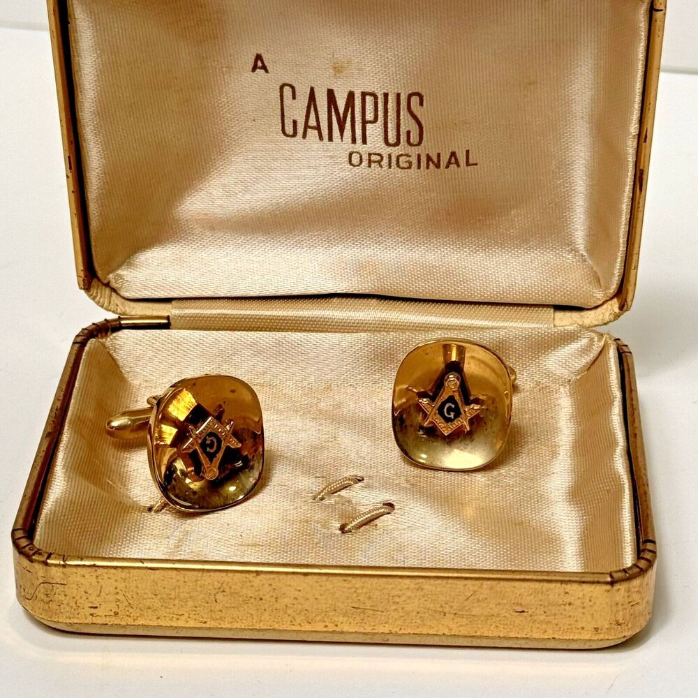 Cufflinks Freemason bullet  in box ( Tie clip is missing) goldtone  Blue Vintage